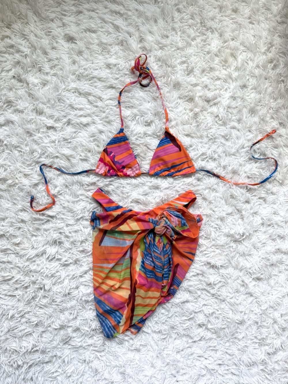 SHEIN Orange Multicolor Striped Triangle Bikini with Sarong